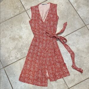 Diane Von Furstenberg Orange Printed Silk Sleevless Wrap Dress P/XS